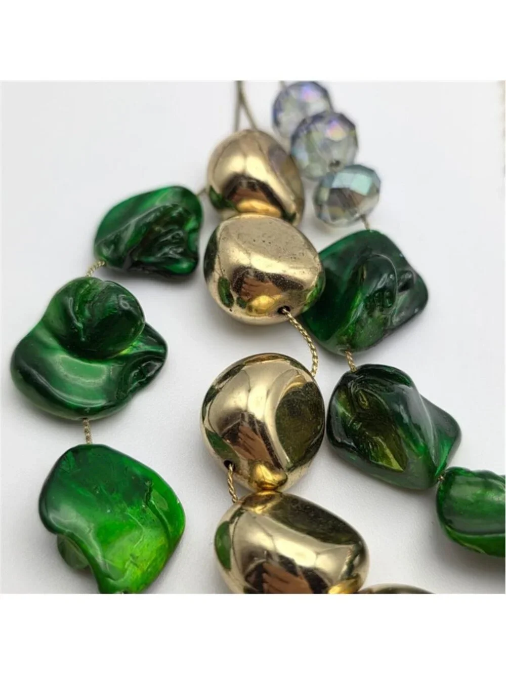 Green Dyed Mother of Pearl Gold Nugget Crystal Triple Strand Necklace 21 in Vtg.